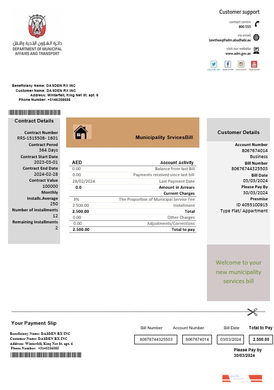 United Arab Emirates Abu Dhabi Municipality Service business utility bill template in Word and PDF formats